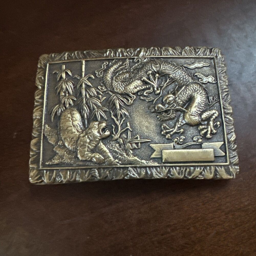 VTG Brass Tiger Dragon Belt Buckle 3X2 in Asian Chinese Fantasy Statement Biker